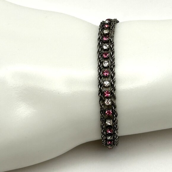 Vintage Sterling Silver 925 Rope Chain Bracelet Pink & Clear Rhinestones 7.25” - Picture 8 of 11
